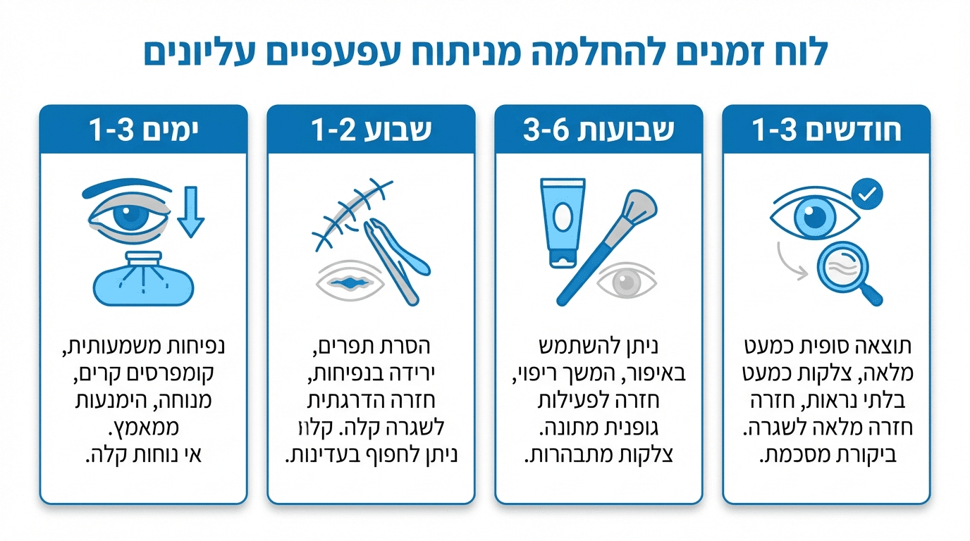 ציר זמן החלמה לאחר ניתוח עפעפיים עליונים – שלבי ההחלמה השונים