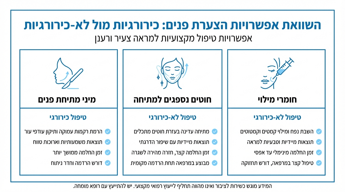 השוואה בין מיני פייסליפט לחלופות לא ניתוחיות כגון מתיחת חוטים וחומרי מילוי