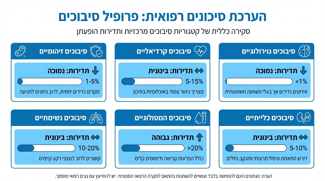 טבלת סיבוכים אפשריים בניתוח מתיחת פנים לפי שכיחות - סקירה ויזואלית מקצועית