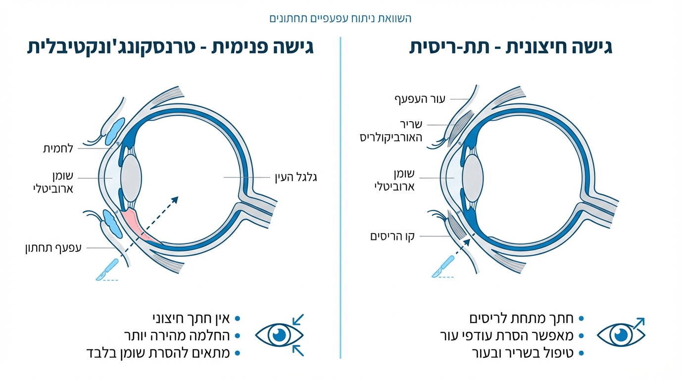 השוואה בין גישה ניתוחית פנימית לחיצונית בניתוח עפעפיים תחתונים
