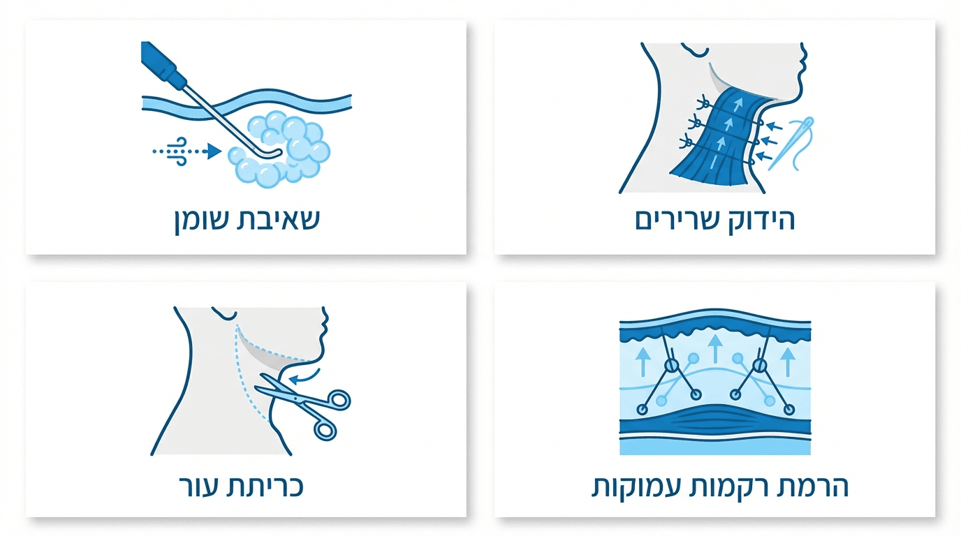 טכניקות מוכחות לניתוח מתיחת צוואר - שאיבת שומן, פלטיזמפלסטי, כריתת עור ומתיחה עמוקה