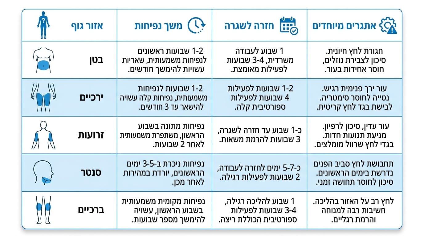השוואה בין החלמה משאיבת שומן באזורי גוף שונים - בטן, ירכיים, זרועות וסנטר