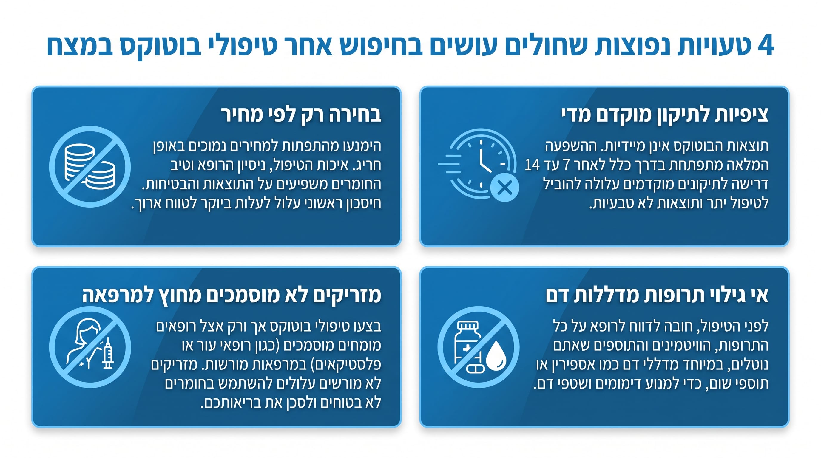 איור המציג טעויות נפוצות שיש להימנע מהן בבחירת טיפול בוטוקס במצח